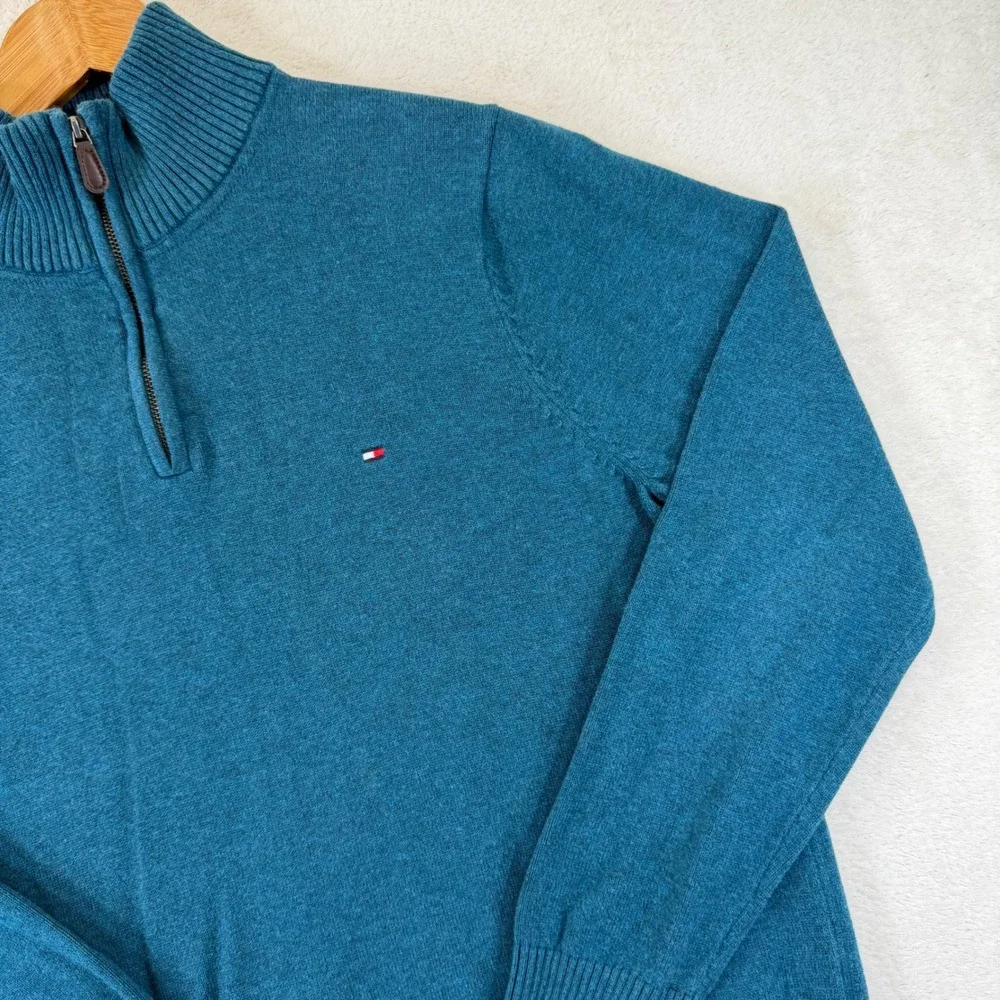 Tommy Hilfiger Mens Teal Blue Heather 1/4 Zip Cotton Pullover Sweater L